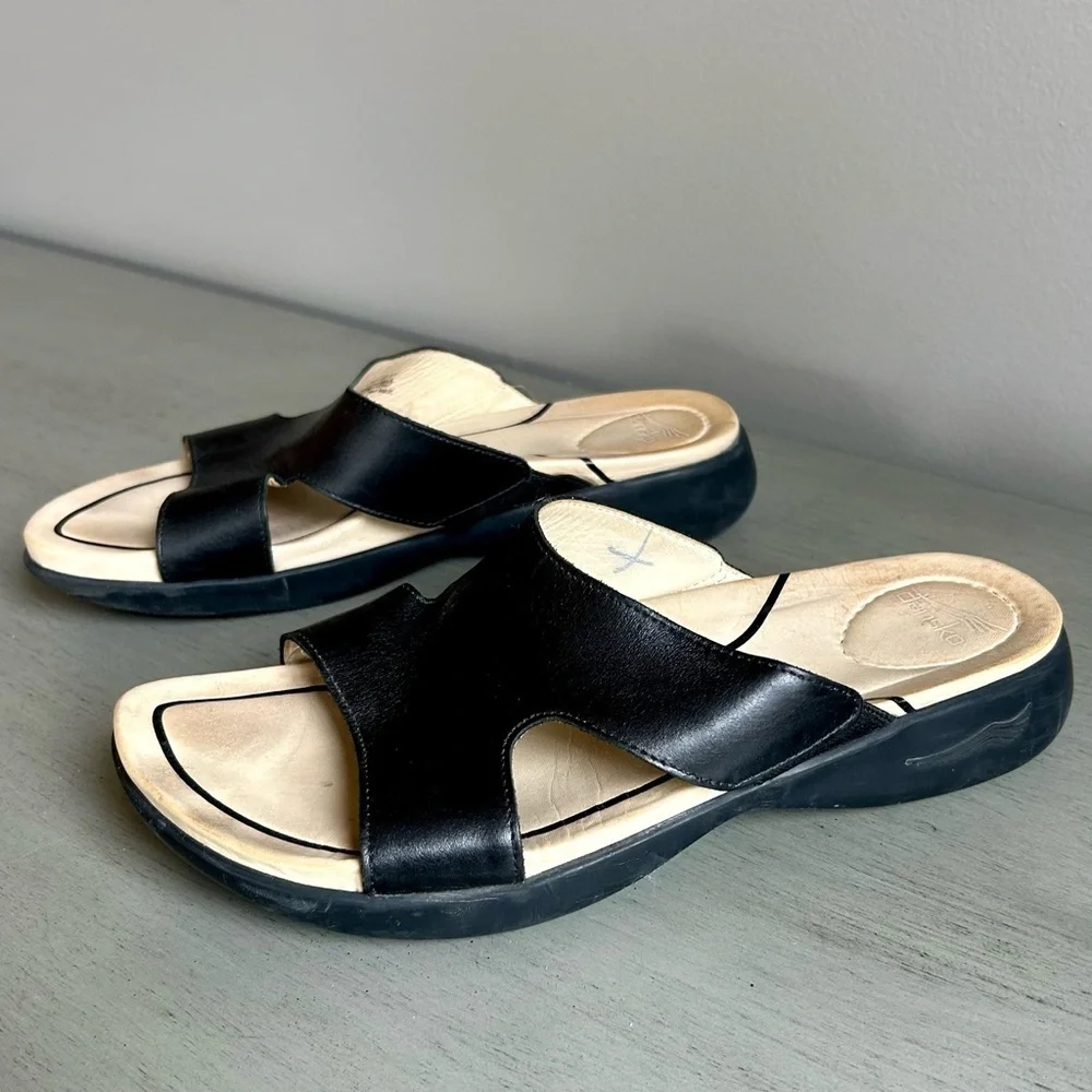 Dankso Women Leather Sandals Slide EU 38 US 7.5/8 Black Slip On Open Toe Strappy